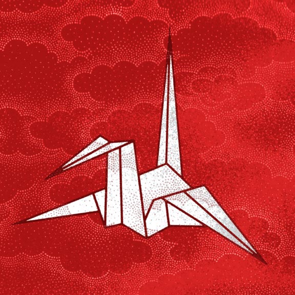 origami crane with red clouds
